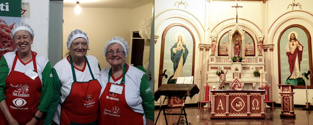 Voluntárias da Festa de San Gennaro e imagem da Paróquia à direita. 