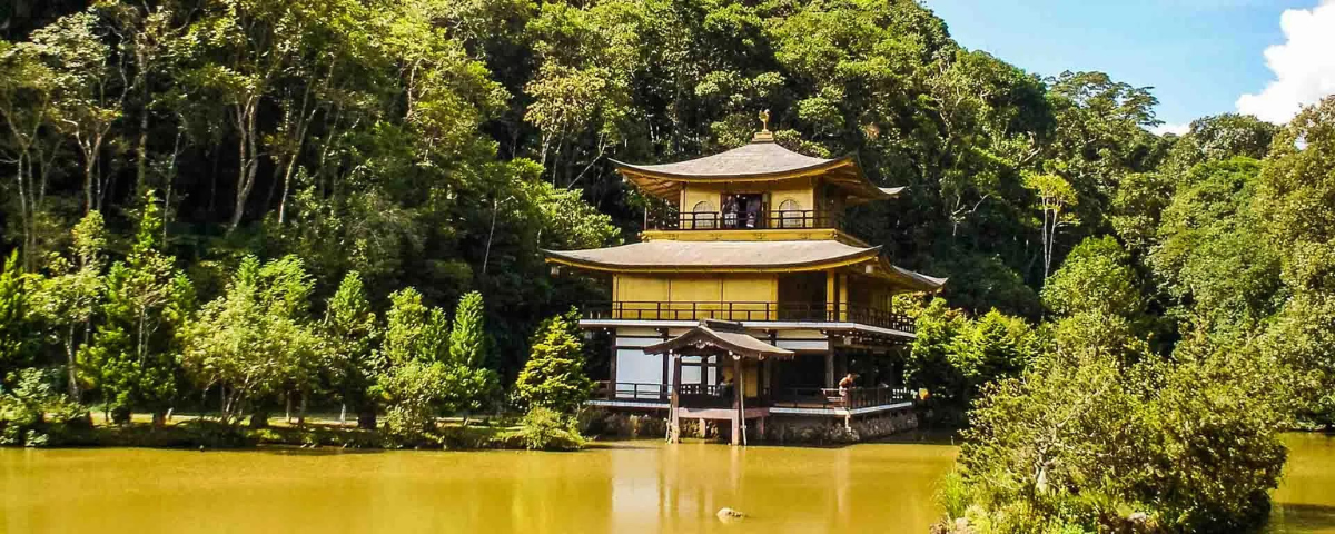 Foto de um lago de cor amarela, com grandes árvores ao redor e o Templo Kinkaku-ji no centro da imagem, um dos templos budistas em São Paulo.