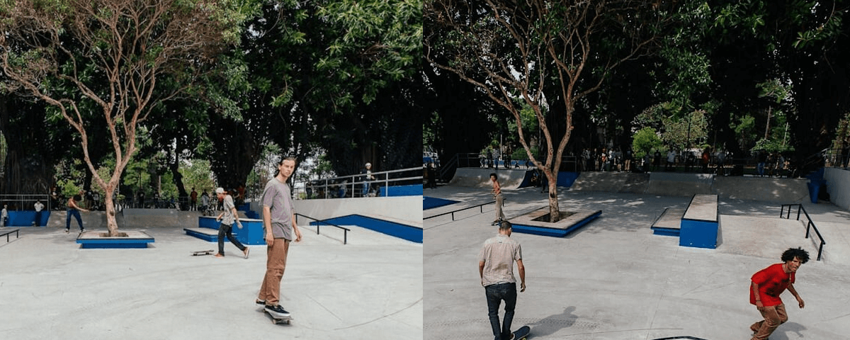 Montagem com duas imagens de skatistas andando na Mooca Skate Park, uma das pistas de skate da cidade de São Paulo. 