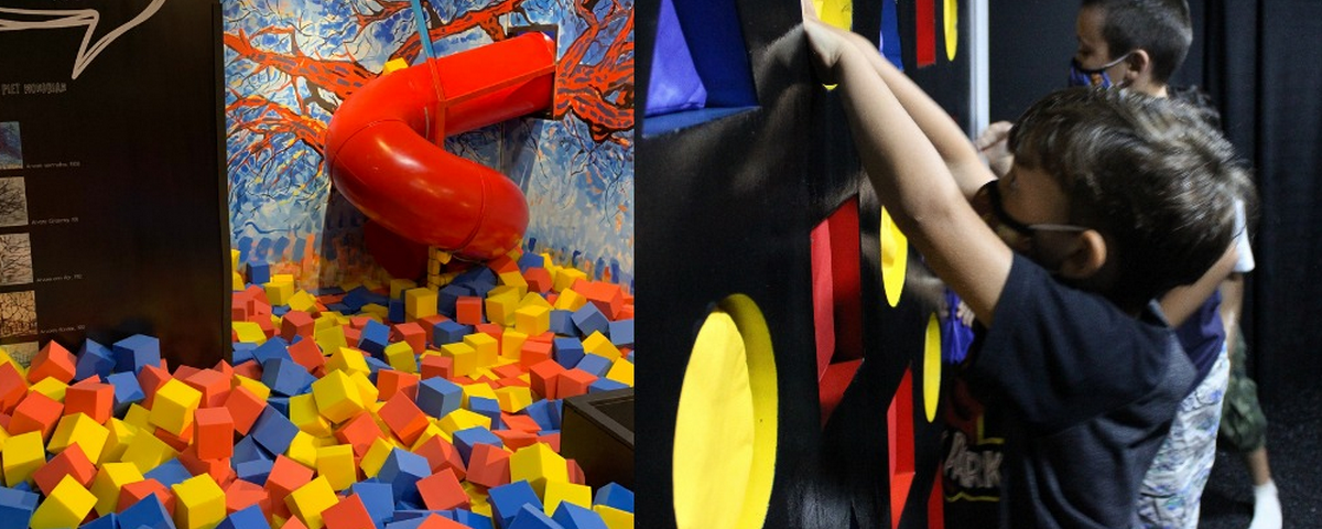 Montagem de duas fotos do Museu da Imaginação, um dos museus diferentes de São Paulo. Na primeira, um tobogã leva até uma espécie de piscina de bolinhas, e na segunda, crianças colocam a mão em buracos coloridos onde não conseguem ver o que tem atrás. 