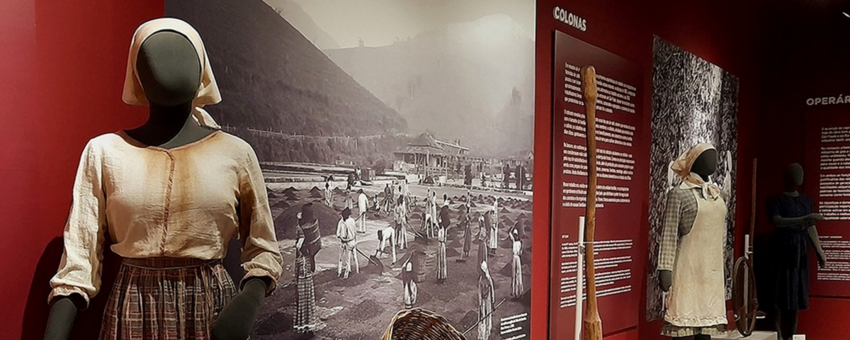 Exposição sobre a história do café, em um ambiente interno dentro do Museu do Café. Em destaque, bonecos de agricultores cafeeiros da época.