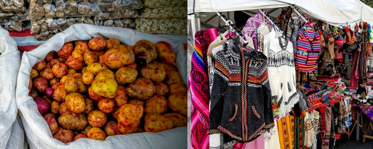 Foto de comida tipicamente boliviana e roupas bolivianas estendidas em cabides na Feira Boliviana Kantuta.