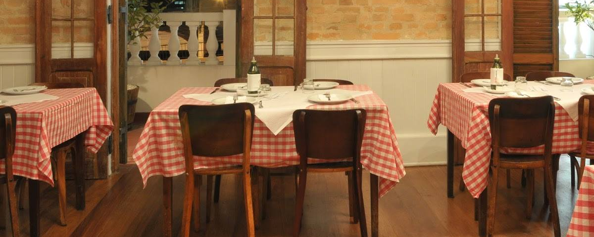 Mesas e cadeiras da Pizzaria Speranza, um dos restaurantes do bairro da Bela Vista, com um pano quadriculado em vermelho e branco. 