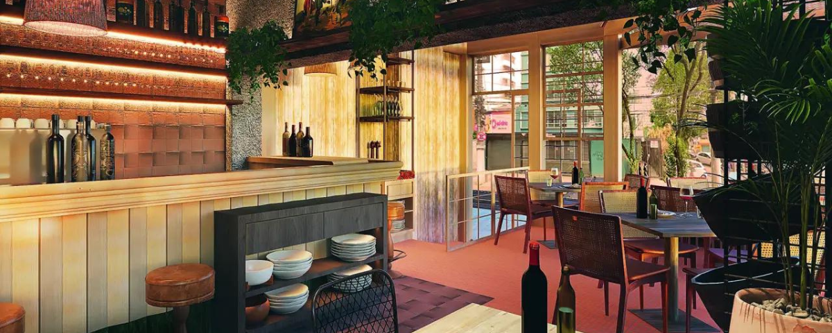 O Azay Gastronomia tem um salão com decoração elegante, um bar com balcão em madeira clara, o chão é na cor vermelha e a entrada tem janelas de vidro. 
