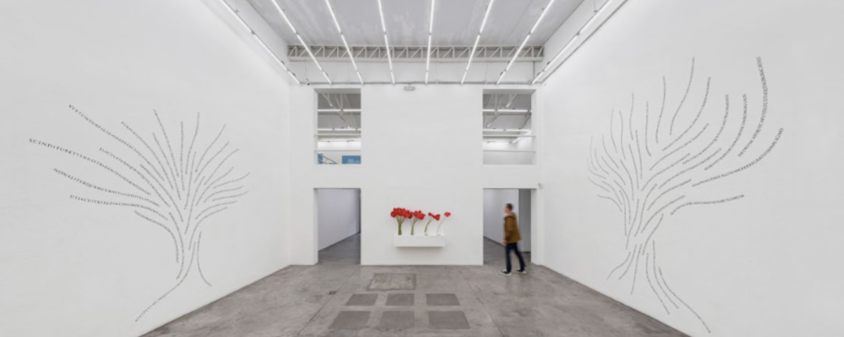 Uma das salas da galeria Vermelho é toda na cor branca, com desenhos semelhantes nas duas paredes e flores vermelhas na parede a frente da foto. Uma pessoa caminha entrando ou saindo da sala. 