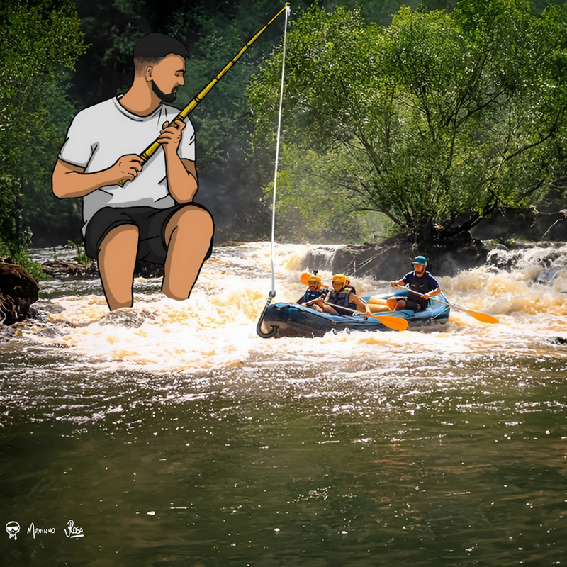 Arte com um pescador "pescando" um bote que passa pelo rio praticando rafting. 