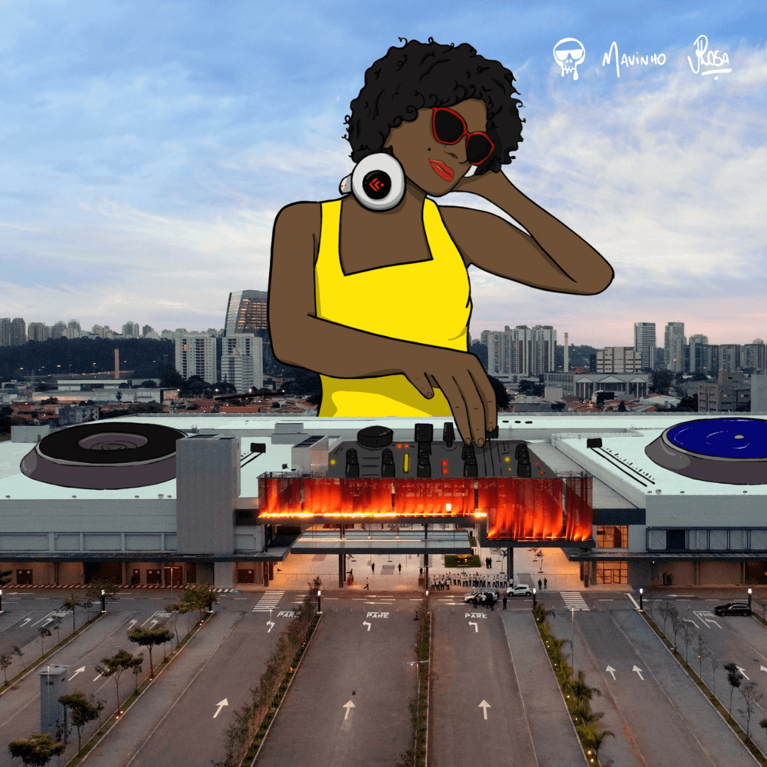 Arte com o desenho de uma dj "tocando" em cima do prédio Transamérica Expo Center. Ela está com uma blusa amarela e usa batom vermelho. 