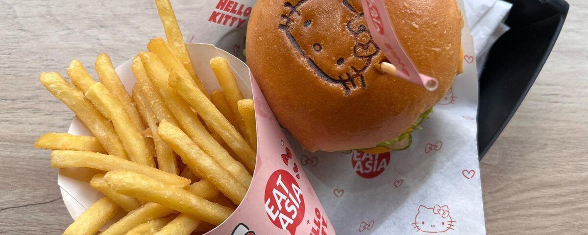 Lanche com batata frita e hambúrguer servidos no Eat Asia. Outra programação para fazer em SP com criança. 