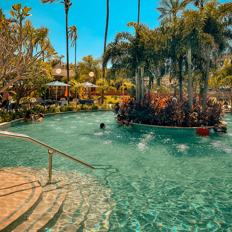 Piscina com a água cor azul claro, uma escada para entrar na mesma e alguns coqueiros em estrutura no meio da piscina.