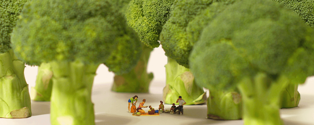 Exposição em miniaturas está na Japan House. Uma das cenas são pessoas debaixo de "árvores" que são feitas de brócolis. 