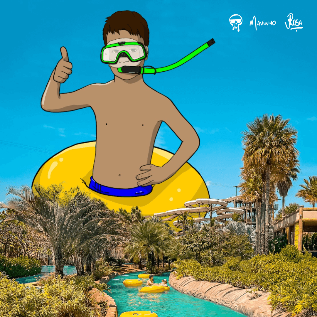 Arte com o desenho de um menino com uma boia amarela na cintura, usando um snorkel, em cima da piscina de um parque aquático na cidade de Olímpia. 