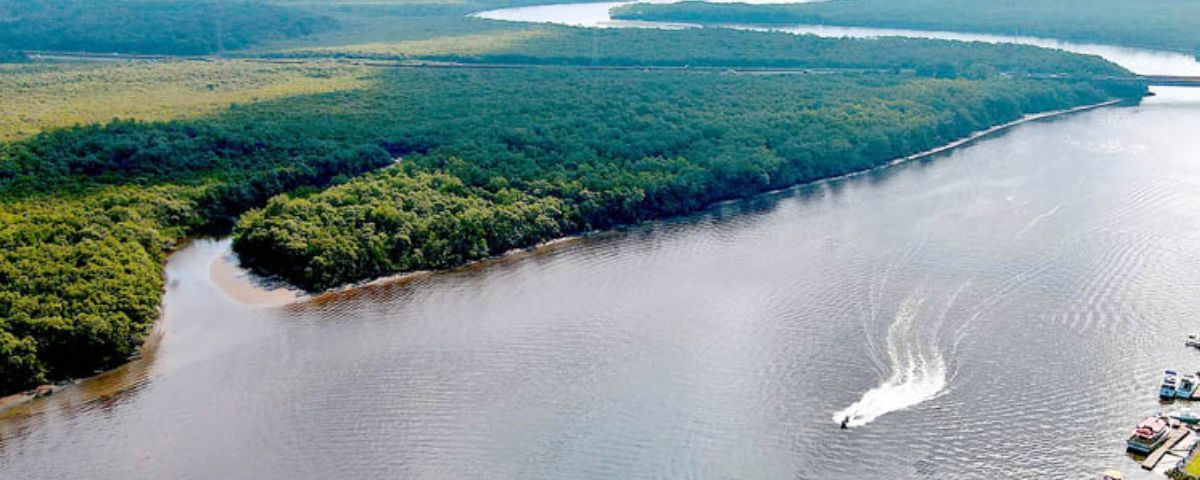 Barco anda sobre as águas do Rio Itanhaém, que também possui árvores da Mata Atlântica nas suas margens. 