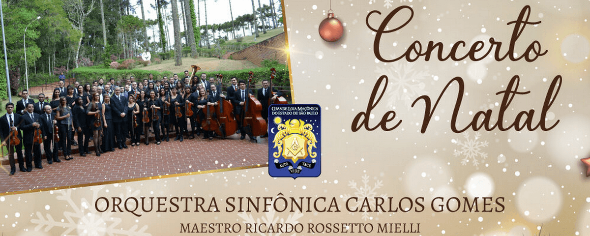 Banner com informações do Concerto de Natal Orquestra Sinfônica Carlos Gomes, com uma foto dos participantes. 