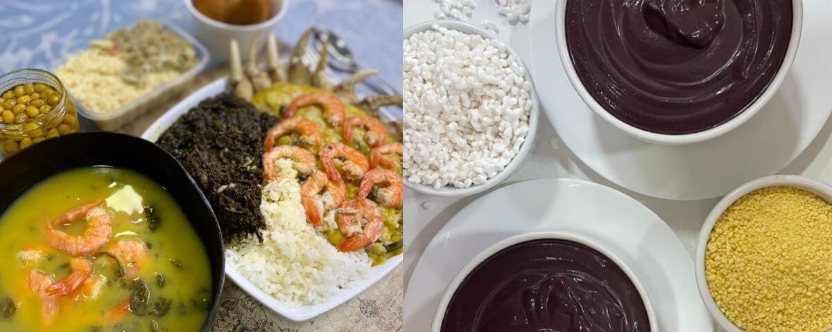 Diversas comidas com sabores típicos do Norte, como açaí, tacacá e camarão seco.