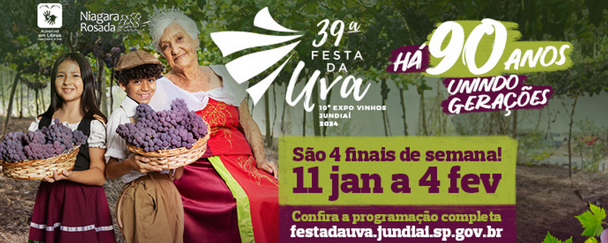 Banner com as informações sobre a Festa da Uva em Jundiaí, um dos eventos em janeiro. 