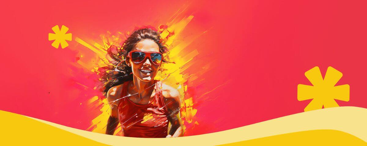 Mulher correndo com o fundo vermelho e detalhes amarelos.