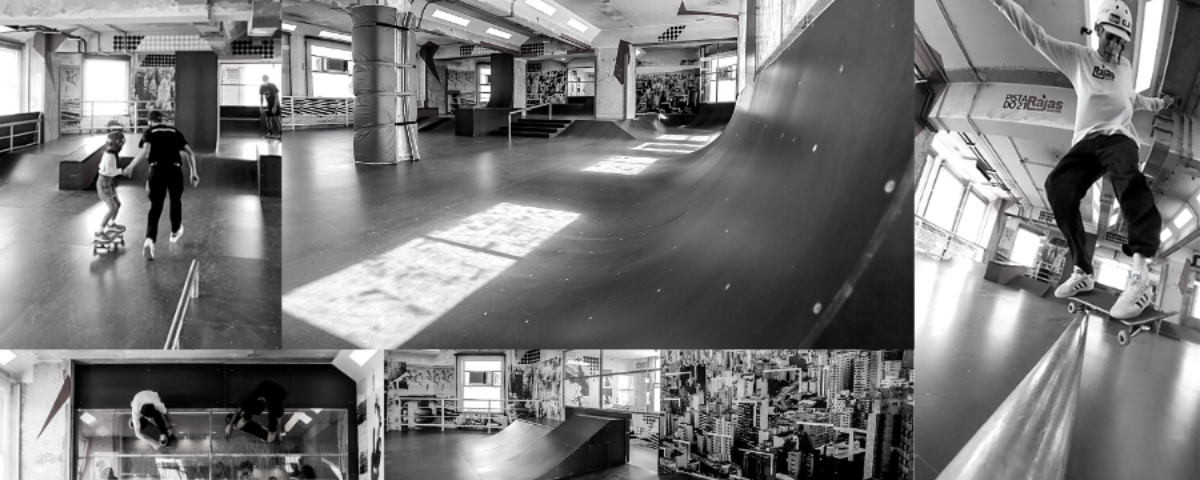 Diversos retratos em preto e branco mostrando os espaços da Pista 21, uma pista de skate em SP localizada no Farol Santander. 