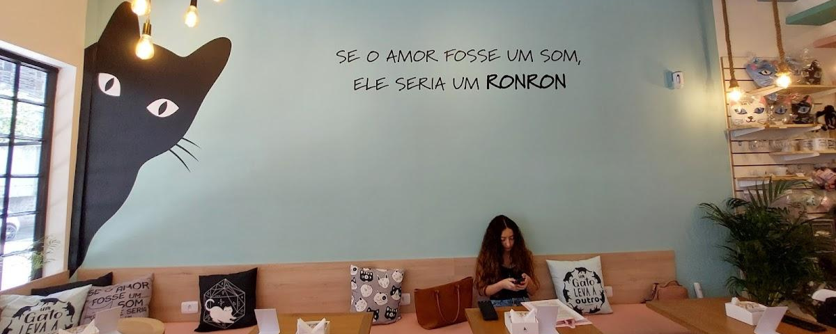 Parede do RonRon Café, outra opção incríel para ir neste Dia Mundial do Gato, possui a frase na parede: "Se o amor fosse um som, ele seria um ronron."