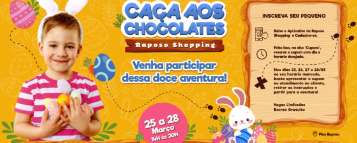 Banner das atividades de Páscoa do Raposo Shopping. 