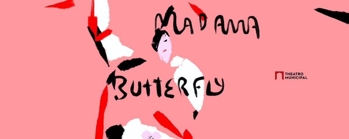 Banner da ópera "Madama Butterfly" tem as cores rosa, vermelho e preto.