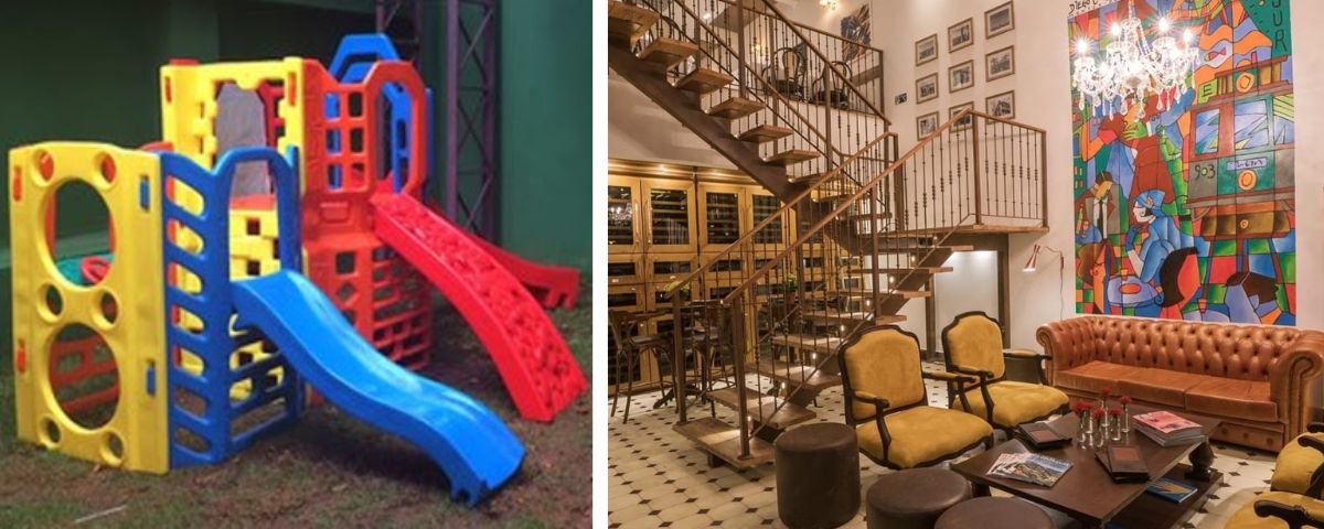 De um lado um brinquedo para crianças e do outro o espaço do salão do restaurante El Tranvía, que possui uma escada. 