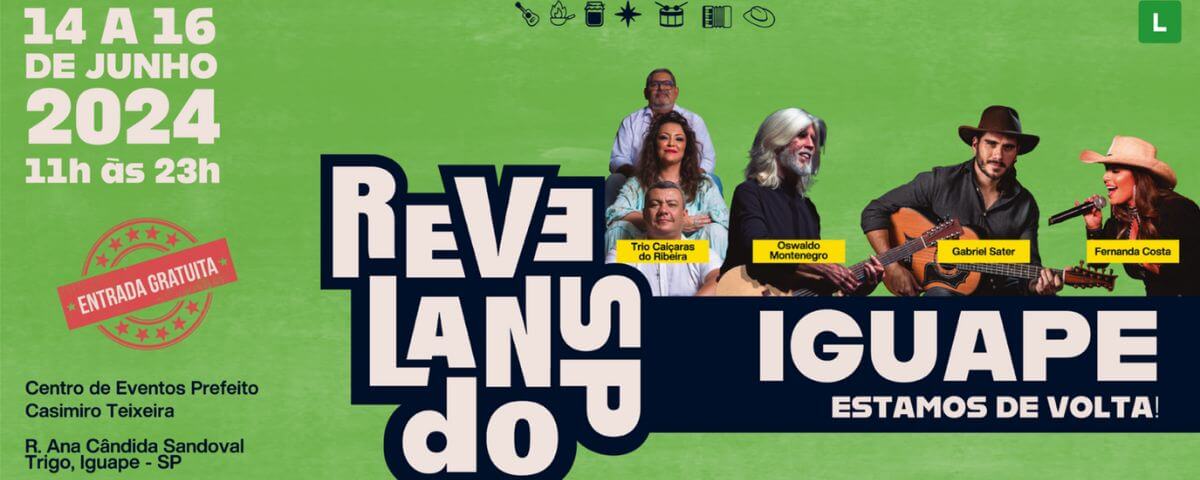 Banner promocional do Revelando SP, evento que acontece em Iguape e faz parte da agenda de junho. 