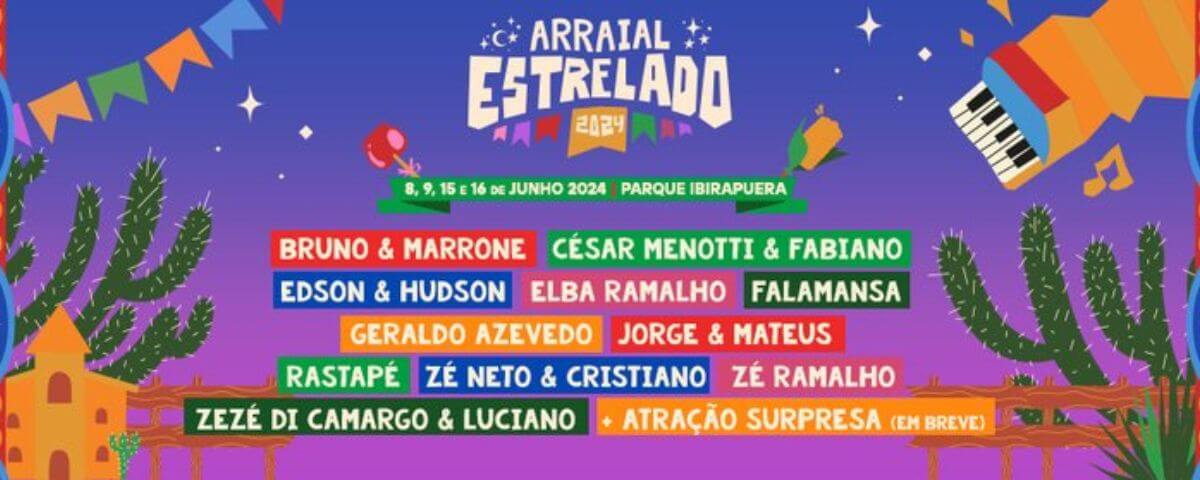 Banner com informações do Arraial Estrelado, uma das festas juninas em SP. 