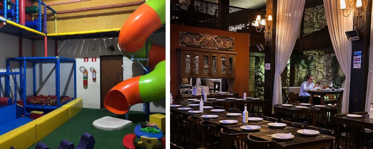 Do lado esquerdo um tobogã colorido para crianças e do lado direito o espaço do salão da Attrio Pizzaria. 