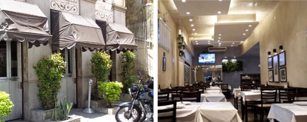 O restaurante Almeida, um dos restaurantes de Santos, fica dentro de um casarão cinza. 