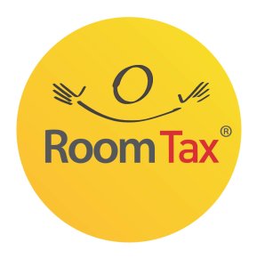 Logomarca registrada. Texto Room em cinza e Tax em vermelho, dentro de um círculo amarelo, com um esboço de uma pessoa de braços abertos, como se fosse abraçar