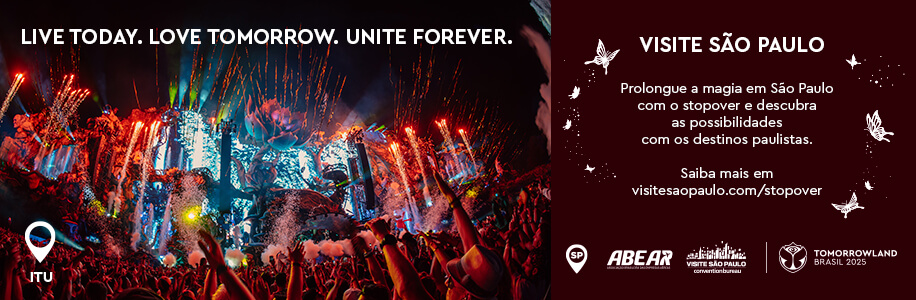 Banner Visite São Paulo Stopover Tomorrowland Brasil 2025 convida fãs a prolongar a viagem e descobrir os destinos paulistas após o festival de música eletrônica em Itu, SP.
